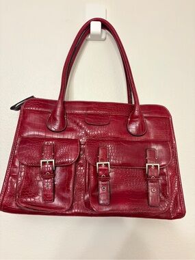 Red Croc Embossed Satchel Handbag 3 Buckle Pockets Structured Tote